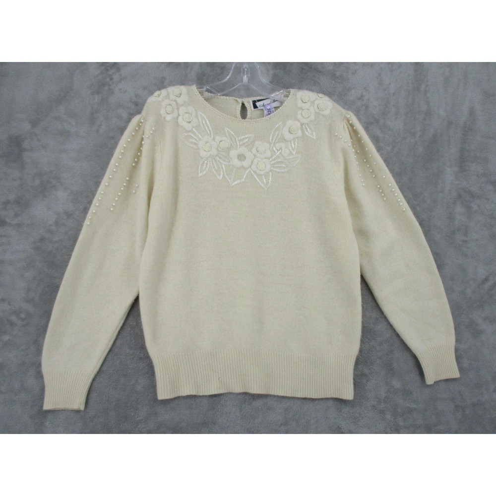 Vintage Sans Souci Sweater Womens Large Wool Angora Beaded Floral Pearl Coquette